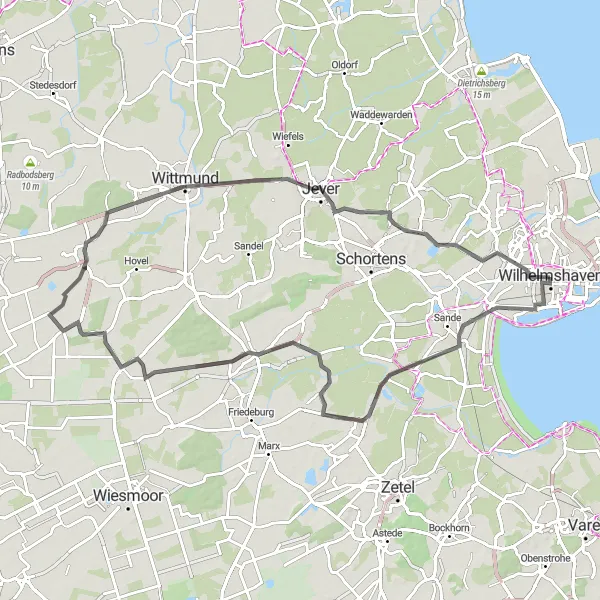 Map miniature of "Wilhelmshaven Round Trip" cycling inspiration in Weser-Ems, Germany. Generated by Tarmacs.app cycling route planner