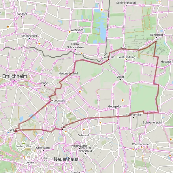 Map miniature of "The Wild Gravel Loop" cycling inspiration in Weser-Ems, Germany. Generated by Tarmacs.app cycling route planner