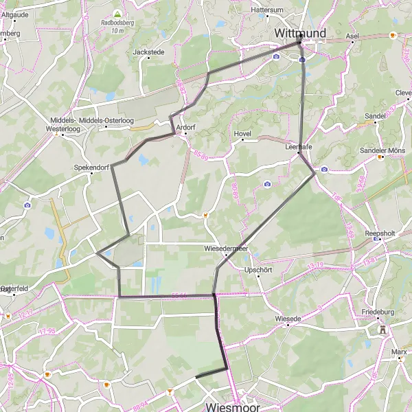 Map miniature of "Wimmering Road Adventure near Wittmund" cycling inspiration in Weser-Ems, Germany. Generated by Tarmacs.app cycling route planner