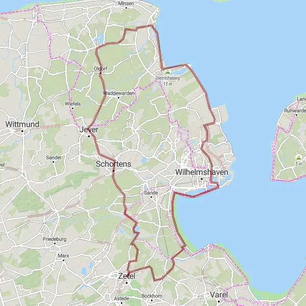 Map miniature of "Gravel exploration near Zetel" cycling inspiration in Weser-Ems, Germany. Generated by Tarmacs.app cycling route planner