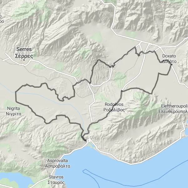 Map miniature of "Ágios Athanásios to Kalambaki, Pethelinos, and Sfelinos" cycling inspiration in Anatoliki Makedonia, Thraki, Greece. Generated by Tarmacs.app cycling route planner