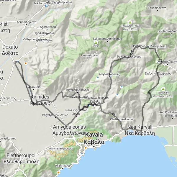 Map miniature of "Ágios Athanásios to Philippi and Κορυφές" cycling inspiration in Anatoliki Makedonia, Thraki, Greece. Generated by Tarmacs.app cycling route planner