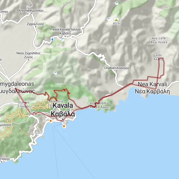 Map miniature of "Exploring the Gravel Trails of Amygdaleónas" cycling inspiration in Anatoliki Makedonia, Thraki, Greece. Generated by Tarmacs.app cycling route planner