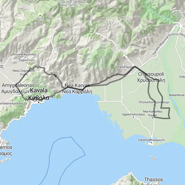 Map miniature of "The Chrysoupoli Loop" cycling inspiration in Anatoliki Makedonia, Thraki, Greece. Generated by Tarmacs.app cycling route planner