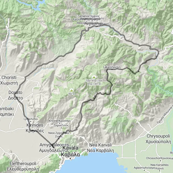 Map miniature of "Thrilling Road Cycling Expedition to Amygdaleónas" cycling inspiration in Anatoliki Makedonia, Thraki, Greece. Generated by Tarmacs.app cycling route planner