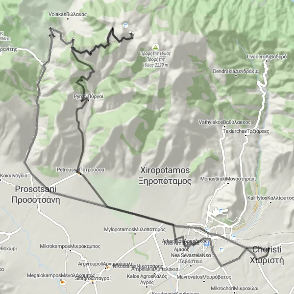 Map miniature of "Choristí to Drama" cycling inspiration in Anatoliki Makedonia, Thraki, Greece. Generated by Tarmacs.app cycling route planner