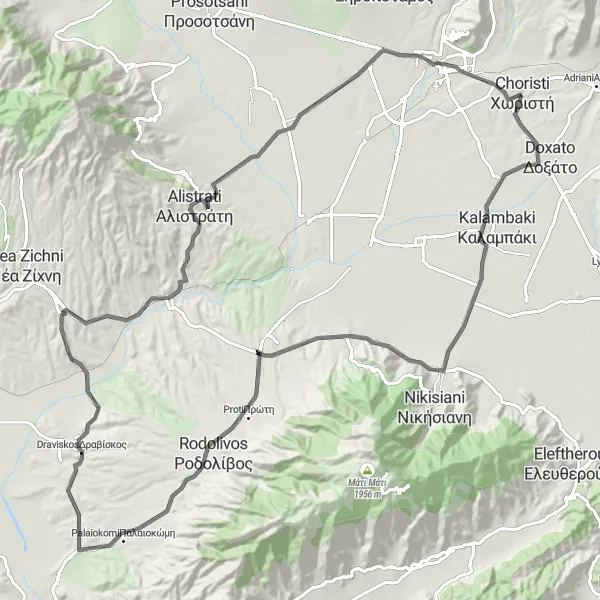 Map miniature of "Choristí to Drama" cycling inspiration in Anatoliki Makedonia, Thraki, Greece. Generated by Tarmacs.app cycling route planner