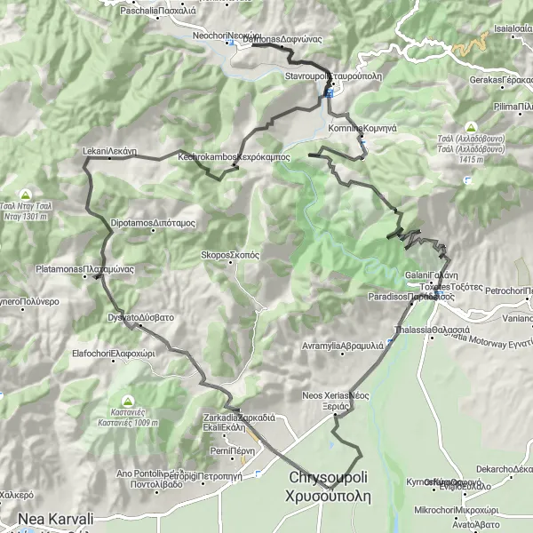 Map miniature of "Chrysoúpolis to Kechrokambos and Σημείο Θέας" cycling inspiration in Anatoliki Makedonia, Thraki, Greece. Generated by Tarmacs.app cycling route planner