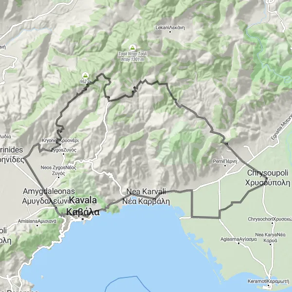 Map miniature of "Anatoliki Makedonia to Eratino and Philippi" cycling inspiration in Anatoliki Makedonia, Thraki, Greece. Generated by Tarmacs.app cycling route planner