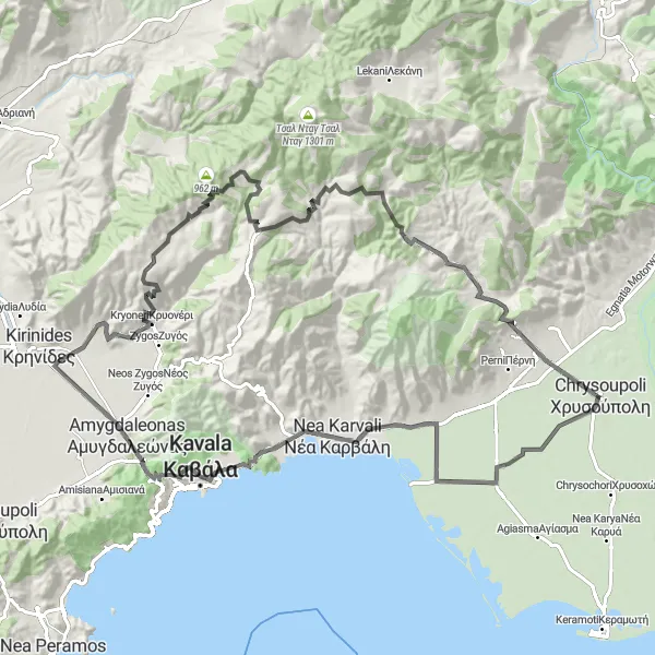 Map miniature of "Exploring Eratino and Philippi" cycling inspiration in Anatoliki Makedonia, Thraki, Greece. Generated by Tarmacs.app cycling route planner