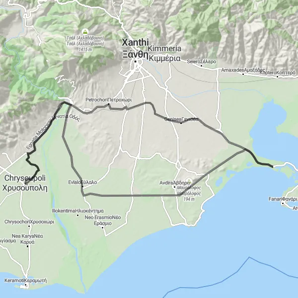 Map miniature of "Scenic Ride to Γενισέα, Lagos, and Mavrolofos" cycling inspiration in Anatoliki Makedonia, Thraki, Greece. Generated by Tarmacs.app cycling route planner