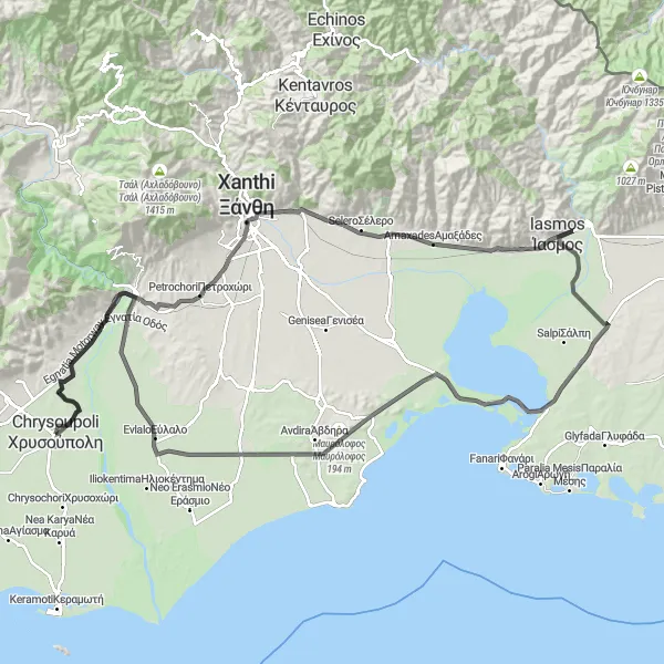 Map miniature of "Chrysoúpolis - Amaxades - Iasmos - Lagos - Mavrolofos Loop" cycling inspiration in Anatoliki Makedonia, Thraki, Greece. Generated by Tarmacs.app cycling route planner