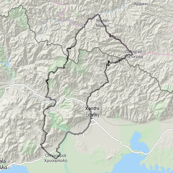 Map miniature of "Thrilling Route to Dafnonas, Barchevo, Чуката, Madan, Zlatograd Ethnographic Complex, Meses Thermes, and Echinos" cycling inspiration in Anatoliki Makedonia, Thraki, Greece. Generated by Tarmacs.app cycling route planner