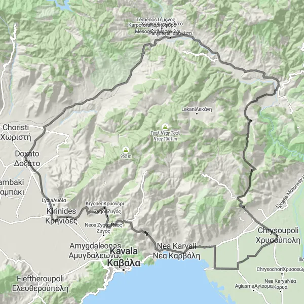 Map miniature of "Chrysoúpolis - Eratino - Νικηφόρος - Paranesti - Stavroupoli Loop" cycling inspiration in Anatoliki Makedonia, Thraki, Greece. Generated by Tarmacs.app cycling route planner