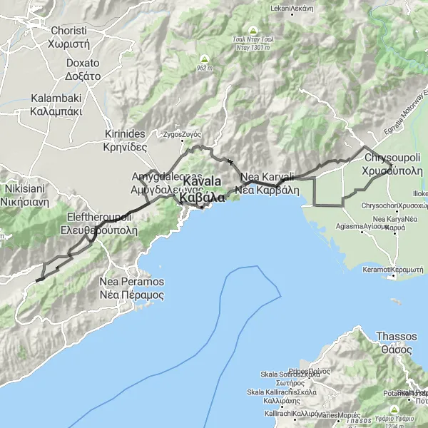 Map miniature of "Chrysoúpolis - Eratino - Aqueduct - Πετροπηγή Loop" cycling inspiration in Anatoliki Makedonia, Thraki, Greece. Generated by Tarmacs.app cycling route planner