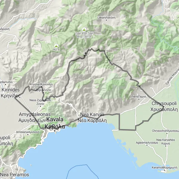 Map miniature of "Chrysoúpolis - Eratino - Amygdaleonas - Philippi - Παλαιά Καβάλα Loop" cycling inspiration in Anatoliki Makedonia, Thraki, Greece. Generated by Tarmacs.app cycling route planner