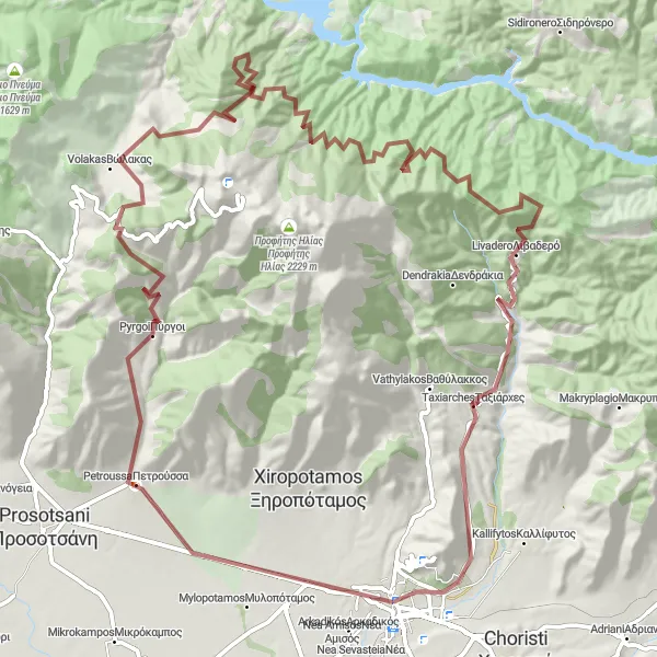 Map miniature of "Gravel Adventure around Drama" cycling inspiration in Anatoliki Makedonia, Thraki, Greece. Generated by Tarmacs.app cycling route planner