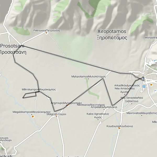 Map miniature of "Prosotsani Loop" cycling inspiration in Anatoliki Makedonia, Thraki, Greece. Generated by Tarmacs.app cycling route planner