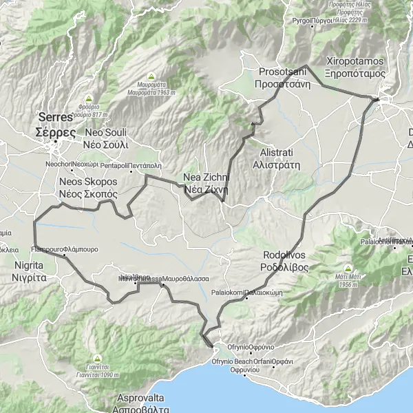 Map miniature of "The Drama and Kasta Tomb Road Cycling Route" cycling inspiration in Anatoliki Makedonia, Thraki, Greece. Generated by Tarmacs.app cycling route planner