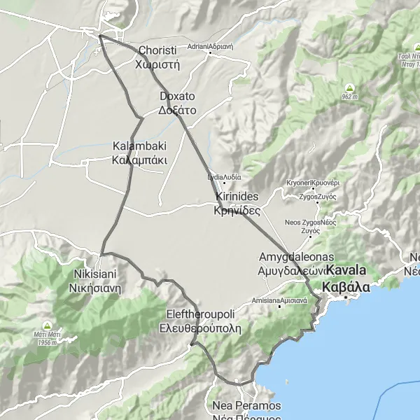 Map miniature of "The Krinides and Eleftheroupoli Road Cycling Tour" cycling inspiration in Anatoliki Makedonia, Thraki, Greece. Generated by Tarmacs.app cycling route planner