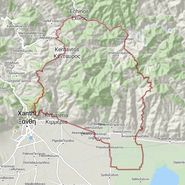 Map miniature of "Amaxades Gravel Trail" cycling inspiration in Anatoliki Makedonia, Thraki, Greece. Generated by Tarmacs.app cycling route planner