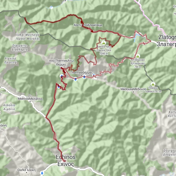 Map miniature of "Meses Thermes Gravel Challenge" cycling inspiration in Anatoliki Makedonia, Thraki, Greece. Generated by Tarmacs.app cycling route planner