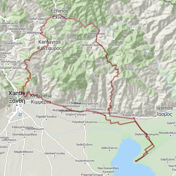 Map miniature of "Echinos Gravel Adventure II" cycling inspiration in Anatoliki Makedonia, Thraki, Greece. Generated by Tarmacs.app cycling route planner