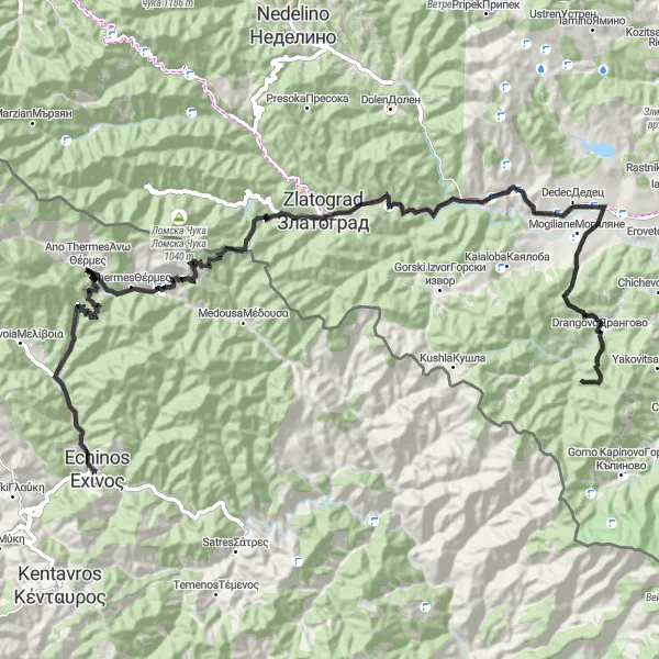 Map miniature of "Thermes Challenge" cycling inspiration in Anatoliki Makedonia, Thraki, Greece. Generated by Tarmacs.app cycling route planner