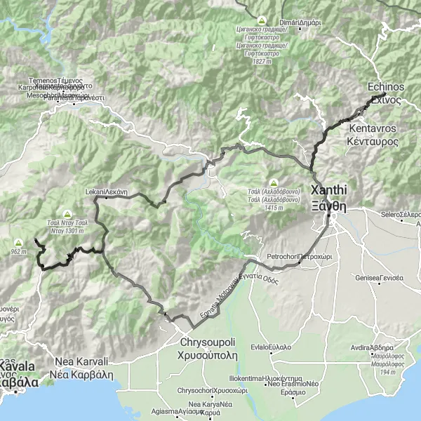 Map miniature of "Xanthi Delight" cycling inspiration in Anatoliki Makedonia, Thraki, Greece. Generated by Tarmacs.app cycling route planner