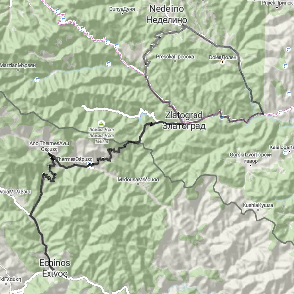 Map miniature of "Road Cycling Adventure: Meses Thermes to Zlatograd" cycling inspiration in Anatoliki Makedonia, Thraki, Greece. Generated by Tarmacs.app cycling route planner