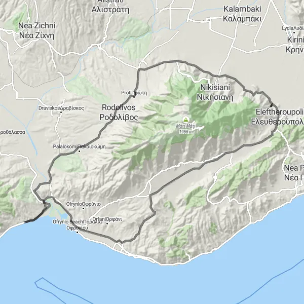 Map miniature of "Mountains and Ancient Ruins" cycling inspiration in Anatoliki Makedonia, Thraki, Greece. Generated by Tarmacs.app cycling route planner
