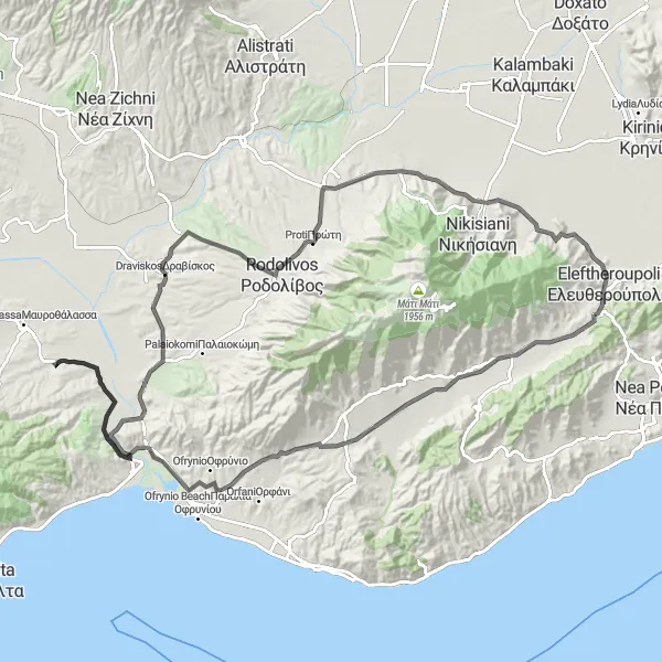 Map miniature of "Eleftheros-New Amphipolis-Marmari Tower loop" cycling inspiration in Anatoliki Makedonia, Thraki, Greece. Generated by Tarmacs.app cycling route planner
