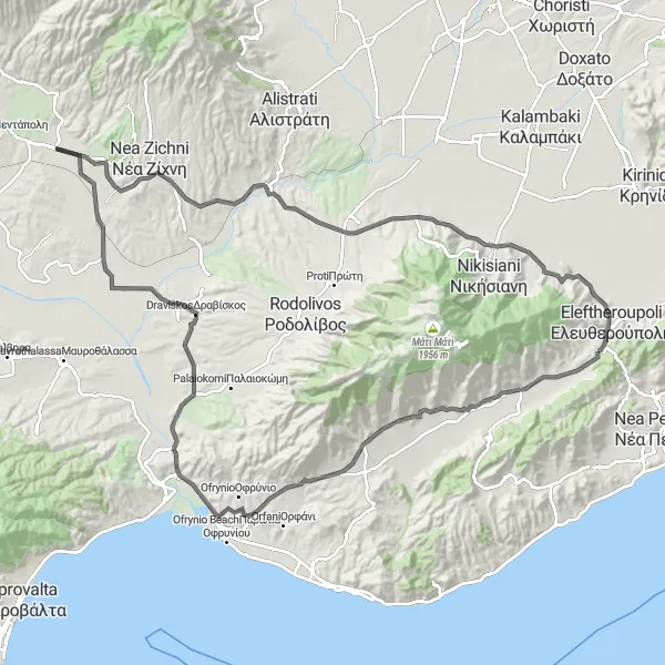 Map miniature of "Eleftheros-Podochori-Mesorrachi loop" cycling inspiration in Anatoliki Makedonia, Thraki, Greece. Generated by Tarmacs.app cycling route planner