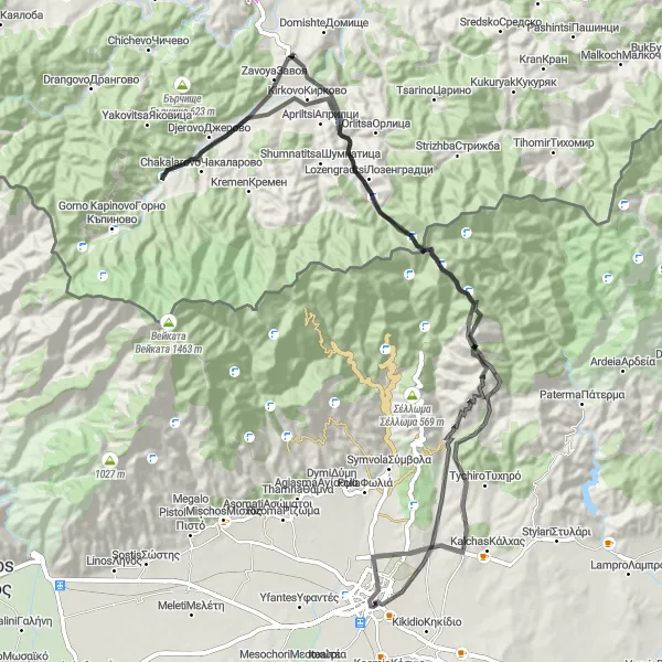 Map miniature of "The Kirkovo Adventure" cycling inspiration in Anatoliki Makedonia, Thraki, Greece. Generated by Tarmacs.app cycling route planner