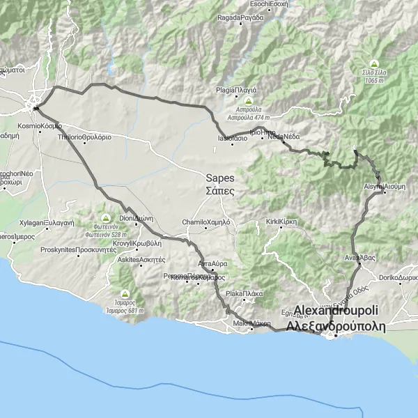 Map miniature of "The Mountainous Challenge" cycling inspiration in Anatoliki Makedonia, Thraki, Greece. Generated by Tarmacs.app cycling route planner