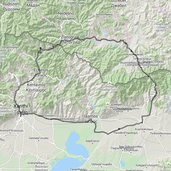 Map miniature of "Echinos and Zlatograd Adventure" cycling inspiration in Anatoliki Makedonia, Thraki, Greece. Generated by Tarmacs.app cycling route planner