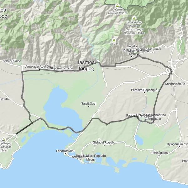 Map miniature of "The Lagos Loop" cycling inspiration in Anatoliki Makedonia, Thraki, Greece. Generated by Tarmacs.app cycling route planner