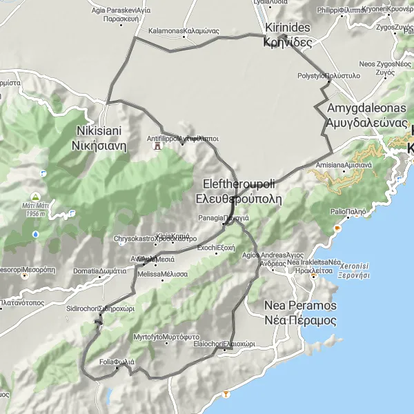 Map miniature of "Scenic Route to Antiphilippi" cycling inspiration in Anatoliki Makedonia, Thraki, Greece. Generated by Tarmacs.app cycling route planner