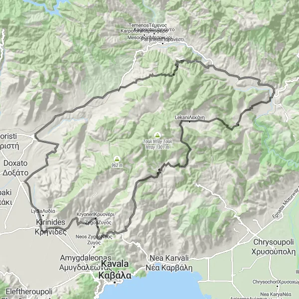 Map miniature of "Krinídes to Kavála Coastal Ride" cycling inspiration in Anatoliki Makedonia, Thraki, Greece. Generated by Tarmacs.app cycling route planner