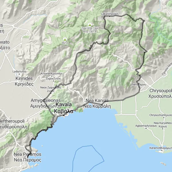 Map miniature of "Korifes and Kechrokambos Challenge" cycling inspiration in Anatoliki Makedonia, Thraki, Greece. Generated by Tarmacs.app cycling route planner