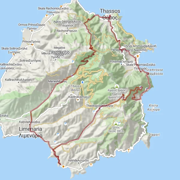 Map miniature of "Discovering Thásos on Gravel Tracks" cycling inspiration in Anatoliki Makedonia, Thraki, Greece. Generated by Tarmacs.app cycling route planner