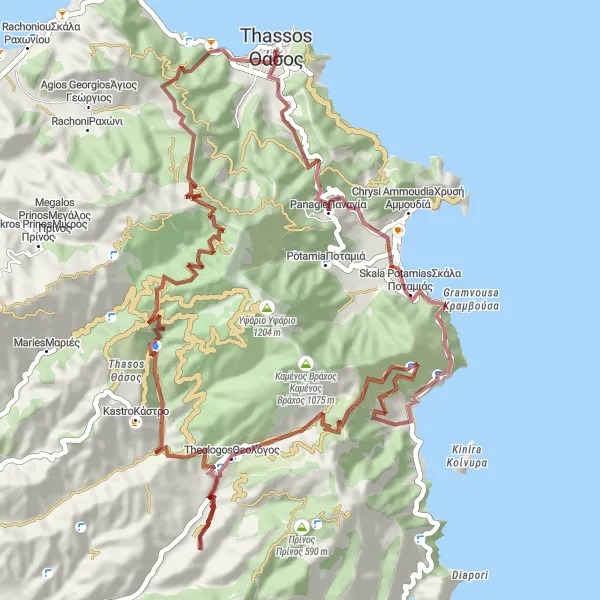 Map miniature of "Thásos to Arc of Karakalla Gravel Cycling Route" cycling inspiration in Anatoliki Makedonia, Thraki, Greece. Generated by Tarmacs.app cycling route planner