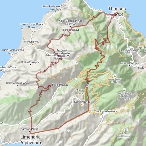 Map miniature of "Thásos Gravel Adventure" cycling inspiration in Anatoliki Makedonia, Thraki, Greece. Generated by Tarmacs.app cycling route planner