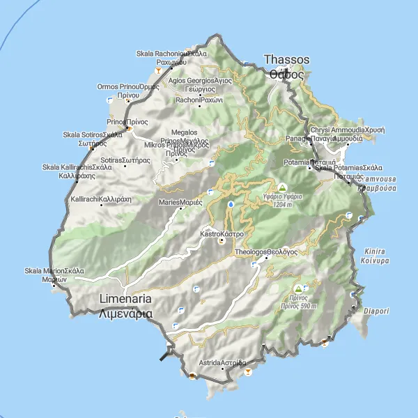 Map miniature of "Thásos to Arc of Karakalla Road Cycling Route" cycling inspiration in Anatoliki Makedonia, Thraki, Greece. Generated by Tarmacs.app cycling route planner