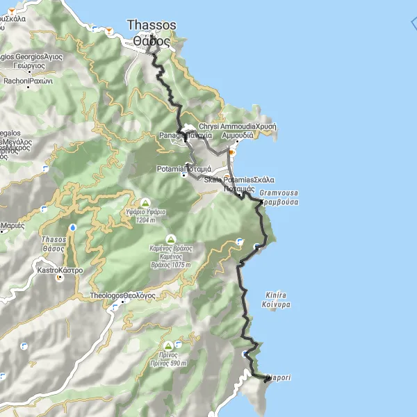 Map miniature of "Thásos to Gate Of Zeus And Hera Road Cycling Route" cycling inspiration in Anatoliki Makedonia, Thraki, Greece. Generated by Tarmacs.app cycling route planner