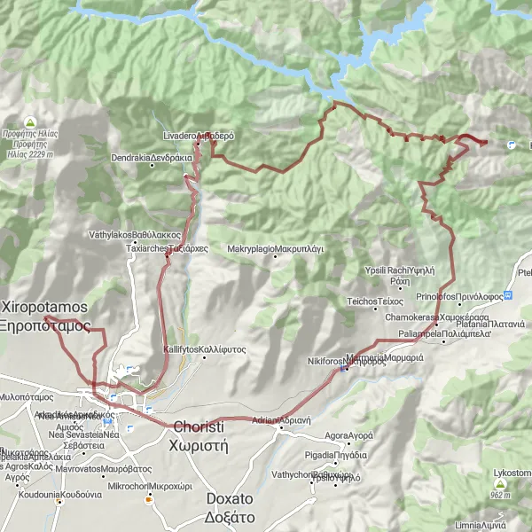 Map miniature of "Xiropotamos and Drama Gravel Ride" cycling inspiration in Anatoliki Makedonia, Thraki, Greece. Generated by Tarmacs.app cycling route planner