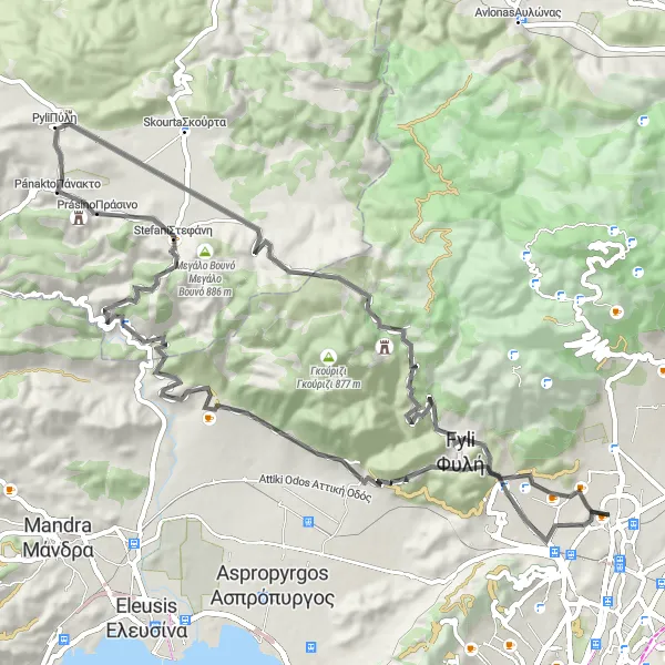 Map miniature of "Historical Escapade" cycling inspiration in Attiki, Greece. Generated by Tarmacs.app cycling route planner