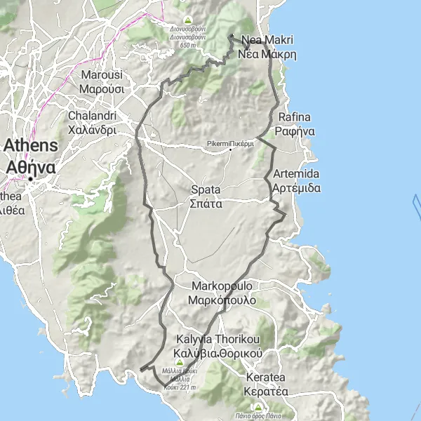Map miniature of "Penteli Observatory and Coastal Tour" cycling inspiration in Attiki, Greece. Generated by Tarmacs.app cycling route planner