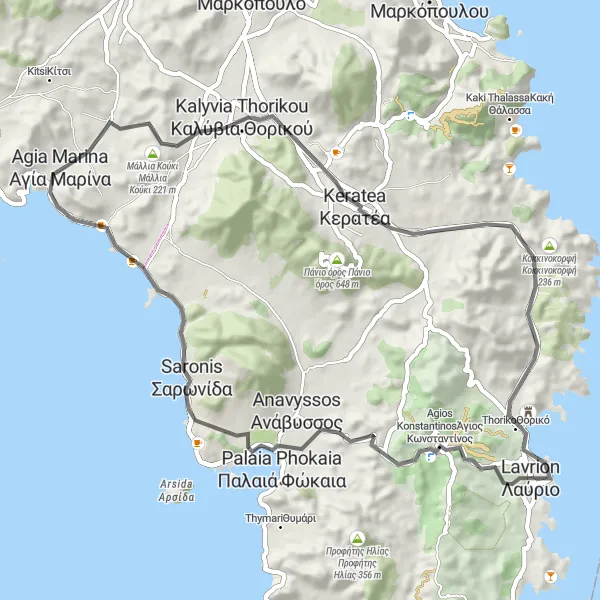 Map miniature of "Coastal Tour and Historical Sites" cycling inspiration in Attiki, Greece. Generated by Tarmacs.app cycling route planner