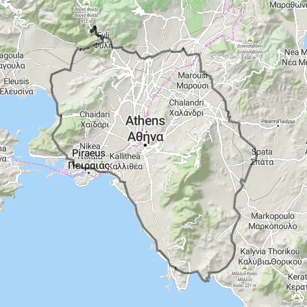 Map miniature of "Mountains and Cultural Attractions" cycling inspiration in Attiki, Greece. Generated by Tarmacs.app cycling route planner